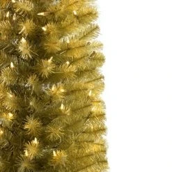 Treetopia Struck Gold 6 Foot Artificial Hinged Pencil Thin Prelit Tinsel Christmas Tree with Clear LED Lights, Stand, and On/Off Foot Pedal