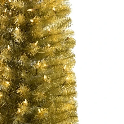 Treetopia Struck Gold 6 Foot Artificial Hinged Pencil Thin Prelit Tinsel Christmas Tree with Clear LED Lights, Stand, and On/Off Foot Pedal 1 Treetopia Struck Gold 6 Foot Artificial Hinged Pencil Thin Prelit Tinsel Christmas Tree with Clear LED Lights, Stand, and On/Off Foot Pedal