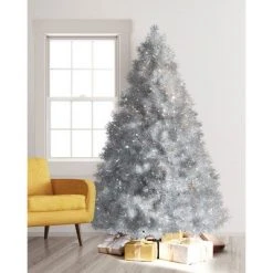 Treetopia Silver Stardust 6 Foot Artificial Prelit Full Tinsel Christmas Tree Holiday Decoration with White LED Lights, Premium Stand & Foot Pedal