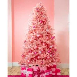 Treetopia Pretty in Pink 7 Foot Artificial Prelit Full Bodied Christmas Tree Holiday Decoration with White LED Lights, Premium Stand, and Foot Pedal